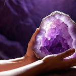 **Prompt:** A serene and contemplative scene, focusing on a human hand gently touching a large, luminous amethyst geode. The geode subtly glows with an internal, soft purple light, conveying a sense of ancient energy and a subtle, almost visible pulse. The background is softly blurred, evoking a feeling of ancestral wisdom and deep personal connection, bathed in warm, inviting light. The image should emphasize introspection and balance.