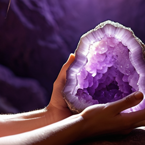 Home 16 **Prompt:** A serene and contemplative scene, focusing on a human hand gently touching a large, luminous amethyst geode. The geode subtly glows with an internal, soft purple light, conveying a sense of ancient energy and a subtle, almost visible pulse. The background is softly blurred, evoking a feeling of ancestral wisdom and deep personal connection, bathed in warm, inviting light. The image should emphasize introspection and balance.