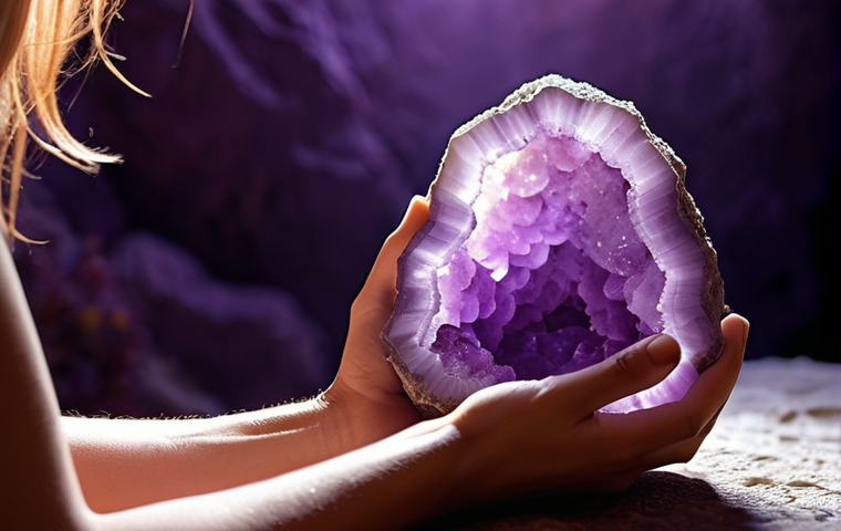 **Prompt:** A serene and contemplative scene, focusing on a human hand gently touching a large, luminous amethyst geode. The geode subtly glows with an internal, soft purple light, conveying a sense of ancient energy and a subtle, almost visible pulse. The background is softly blurred, evoking a feeling of ancestral wisdom and deep personal connection, bathed in warm, inviting light. The image should emphasize introspection and balance.