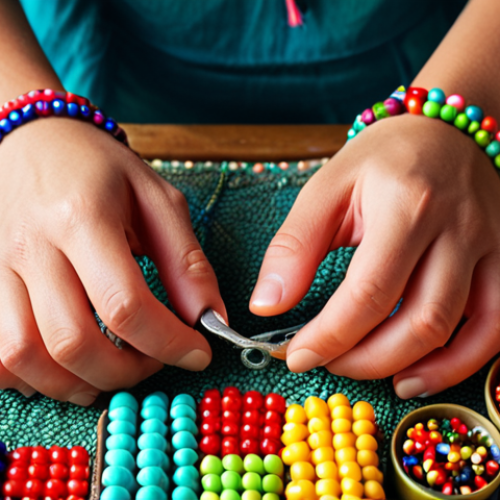 Home 15 **Vibrant DIY jewelry creation scene:** Close-up shot of hands crafting colorful beaded jewelry. Focus on a variety of beads, tools like pliers, and a partially finished necklace with a bold, asymmetrical design. Bright, playful lighting.