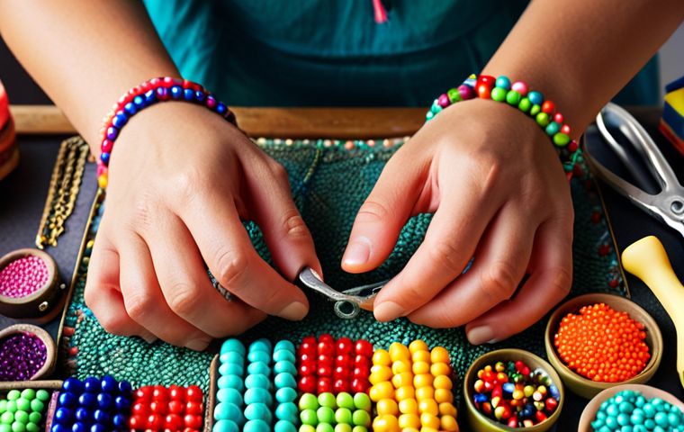 **Vibrant DIY jewelry creation scene:** Close-up shot of hands crafting colorful beaded jewelry. Focus on a variety of beads, tools like pliers, and a partially finished necklace with a bold, asymmetrical design. Bright, playful lighting.