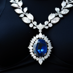 Sapphire Necklace**

A close-up shot of a stunning sapphire necklace, showcasing its deep blue color and intricate design. The necklace is paired with a simple, elegant black dress, highlighting the sapphire's brilliance. Focus on capturing the feeling of serenity and sophistication.

**