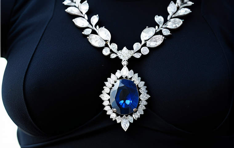 Sapphire Necklace**
A close-up shot of a stunning sapphire necklace, showcasing its deep blue color and intricate design. The necklace is paired with a simple, elegant black dress, highlighting the sapphire's brilliance. Focus on capturing the feeling of serenity and sophistication.
**